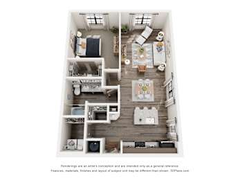 A 3D floor plan of a house with a kitchen, living room, and two bedrooms.