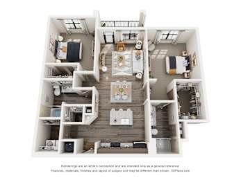 A 3D floor plan of a house with a kitchen, living room, dining room, and two bedrooms.