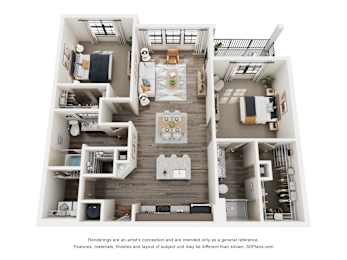 A 3D floor plan of a house with multiple rooms and furniture.