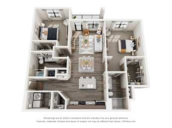 A 3D floor plan of a house with multiple rooms and furniture.
