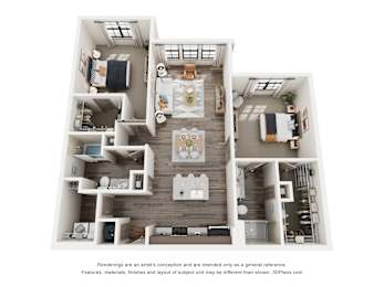A 3D floor plan of a house with a kitchen, living room, and two bedrooms.
