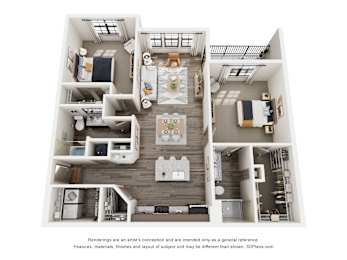 A 3D floor plan of a house with a kitchen, living room, dining room, and bedrooms.