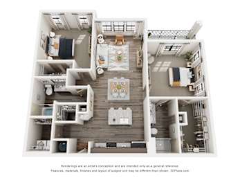 A 3D floor plan of a house with a kitchen, living room, and bedrooms.