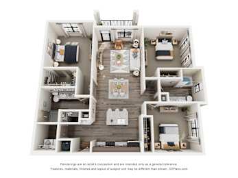A 3D floor plan of a house with multiple rooms and furniture.