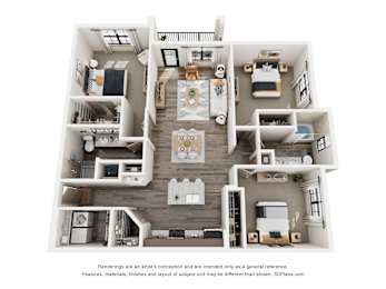 A 3D floor plan of a house with multiple rooms and furniture.