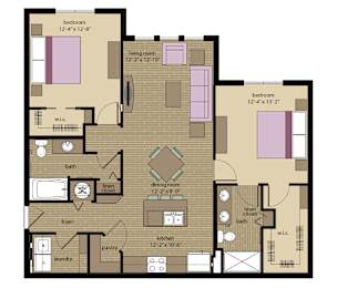 A floor plan of an apartment with two bedrooms, a living room, a dining room, a kitchen, a laundry area, a foyer, and a lounge closet.