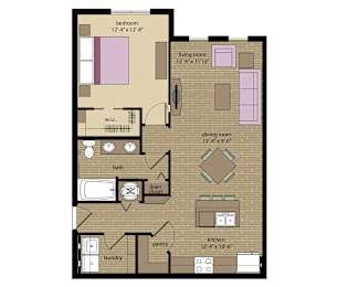 A floor plan of a small apartment with a laundry room.