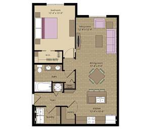 A floor plan of a small apartment with a bedroom, living room, dining room, kitchen, laundry, and bath.