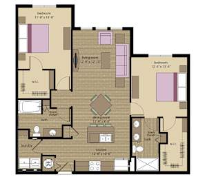 A floor plan of an apartment with two bedrooms, a living room, a dining room, a kitchen, a laundry area, and a linen closet.