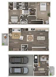 A floor plan of a house with a living room, two bedrooms, a bathroom, and a garage.