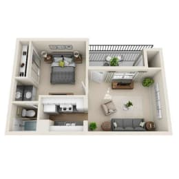 a 3d drawing of the living room with a bedroom