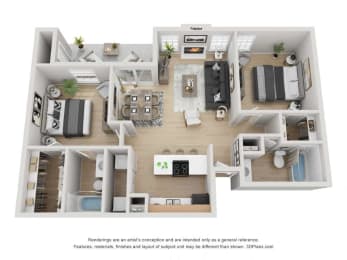 a 1 bedroom floorplan is shown in this rendering