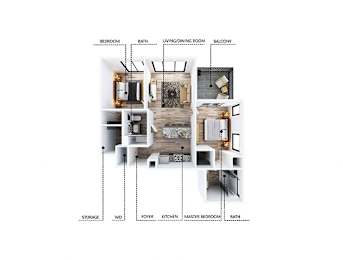 A floor plan of a house with labeled rooms such as Bedroom, Bath, Living/Dining Room, and Kitchen.