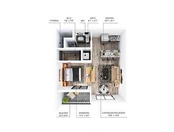 A diagram shows the layout of a small apartment with a balcony, bedroom, living room, kitchen, and bathroom.