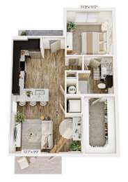 A floor plan of a small apartment with a kitchen, living room, and bathroom.