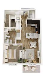 A floor plan of a small apartment with a kitchen, living room, and bathroom.