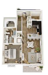 A floor plan of a small apartment with two bedrooms and a living area.