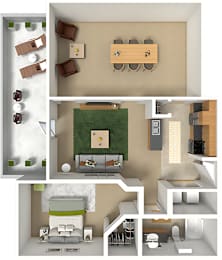 A series of images showing different layouts of a room with a dining table, chairs, and a sofa.