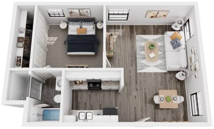 a 1 bedroom floor plan with a bed and a bathroom