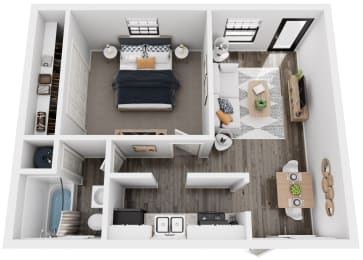 a 3d rendering of a bedroom with a bed