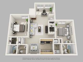 A 3D floor plan of a house with labeled rooms.