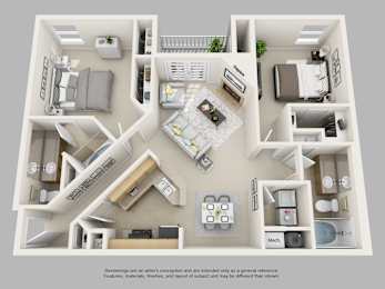 A 3D floor plan of a house with labeled rooms.