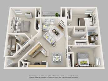 A 3D floor plan of a house with various rooms and furniture.