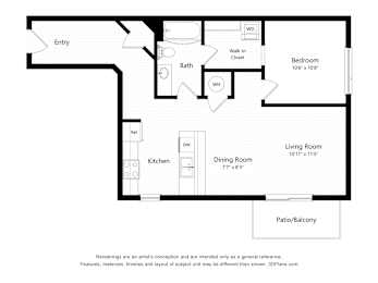 A floor plan of a house with a living room, dining room, kitchen, bath, bedroom and patio.