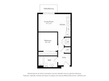 A drawing of a house with a living room, kitchen, bathroom and bedroom.