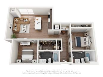 A 3D floor plan of a house with labeled rooms.