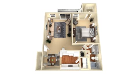 a stylized floor plan of a one bedroomapartment