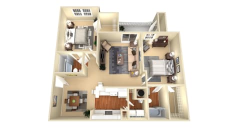 a 3d floor plan of a house with bedrooms and a living room