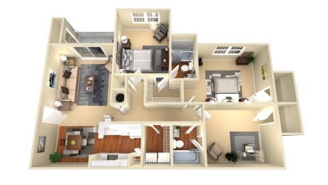 3D Floorplan of a 2 bedroom apartment in Conyers ga