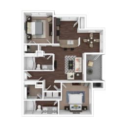 a stylized floor plan with bedrooms and a living room
