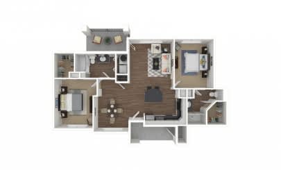 A floor plan of a house with a kitchen, living room, and two bedrooms.