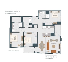A floor plan of a Marble style Quartz Countertops apartment with a living room, dining room, kitchen, and bathrooms.