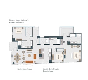 A floor plan of an apartment with a living room, two bedrooms, a kitchen, and a dining area.
