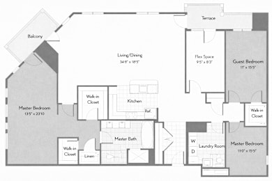 A floor plan of a house with a terrace, two master bedrooms, a guest bedroom, and a living/dining area.