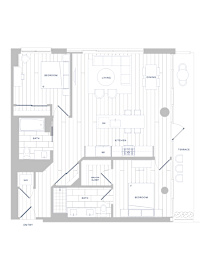 A floor plan of a house with labeled rooms such as Bedroom, Bath, Kitchen, Living room, Dining room, and Terrace.