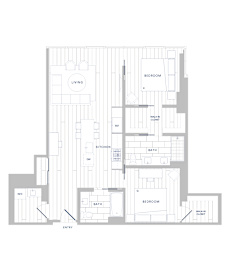 A floor plan of a house with a living room, kitchen, bathrooms and bedrooms.