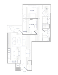 A floor plan of a house with two bedrooms, a living room, a dining room, a kitchen, a bathroom, a balcony, a walk-in closet, and an entry.