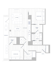 A floor plan of a house with a living room, dining room, kitchen, two bedrooms, a bathroom, a study, a garage, and a terrace.