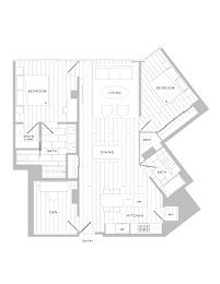 A floor plan of a house with labeled rooms such as bedroom, living room, kitchen, and bathroom.