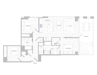 A floor plan of a house with a kitchen, dining room, living room, two bathrooms, and four bedrooms.