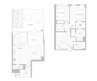 A floor plan of a house with two bedrooms, a living room, a kitchen, a dining room, a bathroom, and an entry.