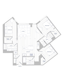 A floor plan of a house with labeled rooms such as bedrooms, a living room, a kitchen, a bath, and a laundry closet.