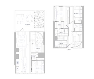 A floor plan of a house with a living room, dining room, kitchen, and two bedrooms.