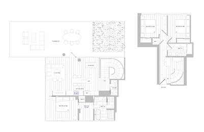 A floor plan of a house with a garage, living room, dining room, kitchen, and two bedrooms.