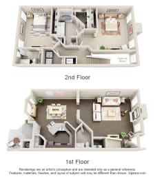 a stylized image of a 2nd floor and a 1st floor floor plan
