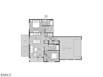 A floor plan of a house layout with a primary bedroom, bath, and kitchen.